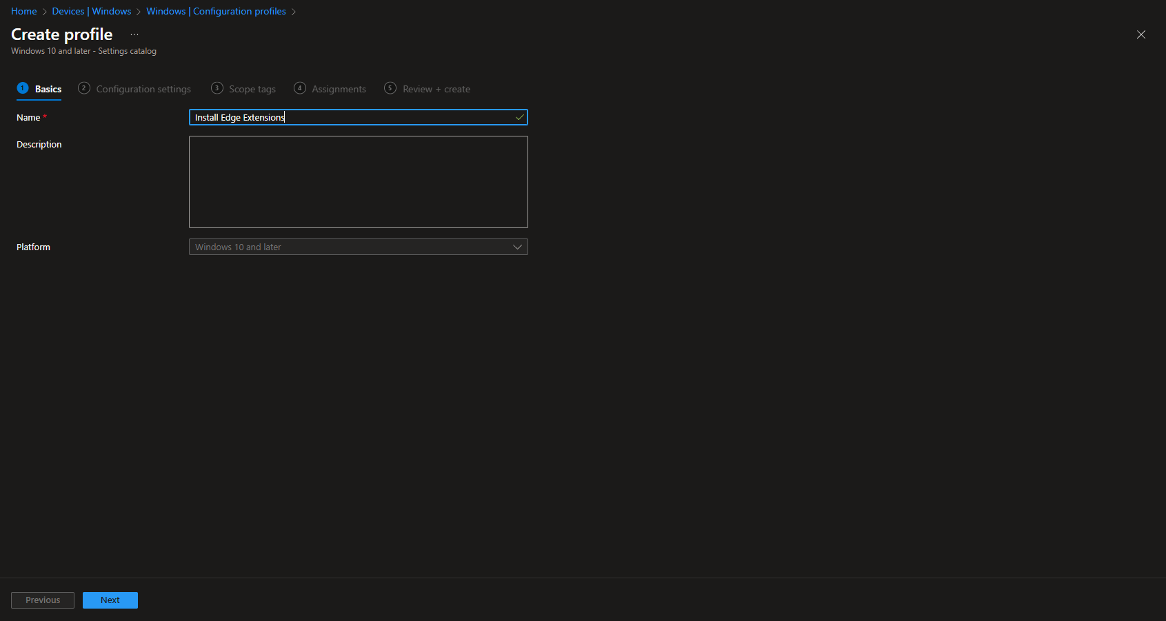 Creating a new configuration profile in Microsoft Intune